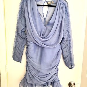 Mini Dress with Arm ruffle detail and draped neck